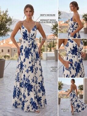 Windsor White Maxi Dress with Blue Floral Print